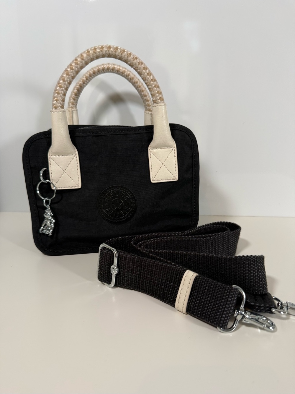 Kipling Mini Black Nylon Satchel Crossbody Bag w/ Braided Handles & Monkey Charm